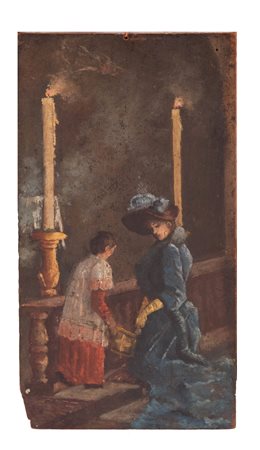 Scuola Italiana XX secolo ( - ) 
In Chiesa 
Olio su tavola cm 20,5x10,5