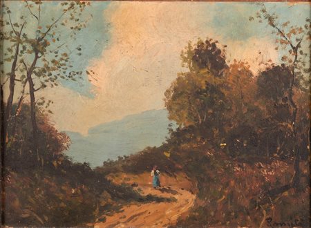 Romiti, Gino (1881 - 1967) 
Paesaggio con figura 
Olio su tavola cm 16x22