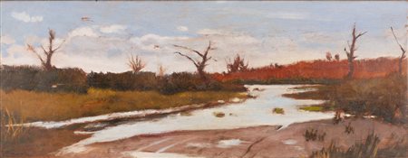 Cecconi, Eugenio (Firenze, 1834 - Firenze, 1888) 
Paesaggio fluviale 
Olio su tavola cm 15x39