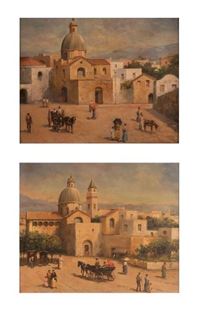 Scuola Napoletana XX secolo ( - ) 
Coppia di vedute di città dell'Italia meridionale 
olio su tavola cm 23x28