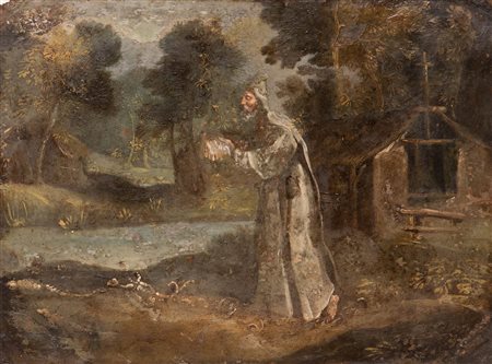 Scuola Fiamminga XVII secolo ( - ) 
Santo eremita 
olio su rame cm 27x35