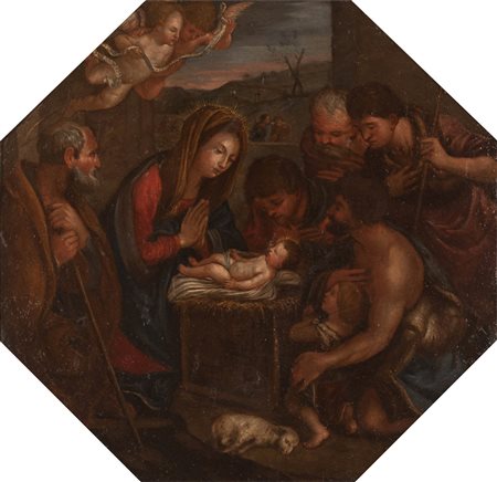 Scuola Emiliana XVII secolo ( - ) 
Adorazione dei pastori 
Olio su rame ottagonale cm 37x37