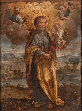 Scuola Romana XVII secolo ( - ) 
San Giuseppe con Bambino e angeli sullo sfondo di paesaggio 
Olio su rame cm 25x19