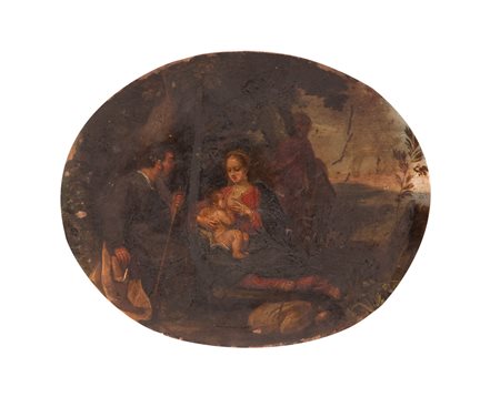 Scuola Emiliana XVII secolo ( - ) 
Riposo dalla fuga in Egitto 
Olio su rame cm 15x20 ovale
