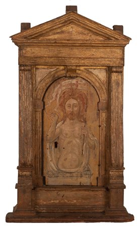 Scuola Umbra XVI secolo ( - ) 
Tabernacolo in legno dorato con sportello dipinto 
Doratura e tempera su tavola cm 82x40