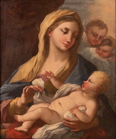 Scuola Napoletana XVIII secolo ( - ) 
Madonna, Bambino e cherubini 
Olio su tela cm 76x63