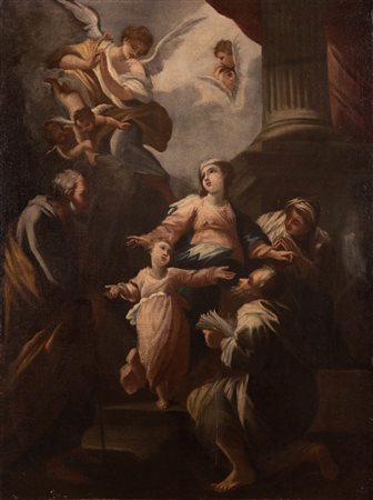 Scuola Toscana XVII secolo ( - ) 
Sacra famiglia con angeli 
Olio su tela cm 116x87