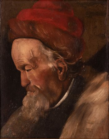 Scuola olandese del XVII secolo ( - ) 
Ritratto di uomo con barba e cappello rosso 
olio su tela cm 43x32