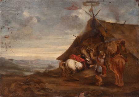 Scuola Fiamminga XVII secolo ( - ) 
Scena di accampamento 
olio su tavola cm 28x39