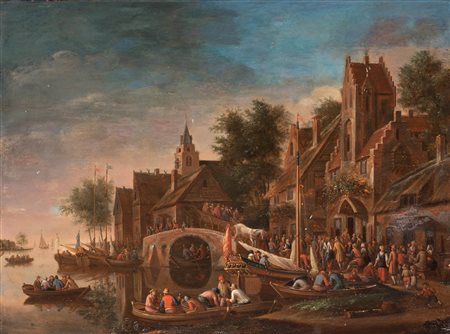 Pittore fiammingo del XVIII secolo ( - ) 
Scena di porto fluviale con personaggi 
Olio su tavola cm 48,5x64