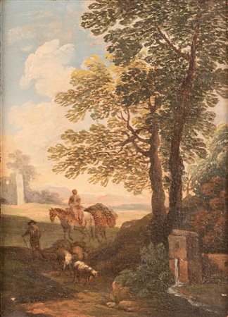 Paolo Anesi attr. (Roma, 1697 - Roma, 1773) 
Paesaggio con viandanti 
olio su tavola cm 22x16