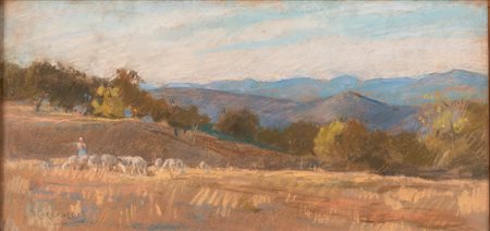 Coromaldi, Umberto (Roma, 1870 - Roma, 1948) 
Paesaggio con pastorella e gregge 
Pastello su carta cm 27x54