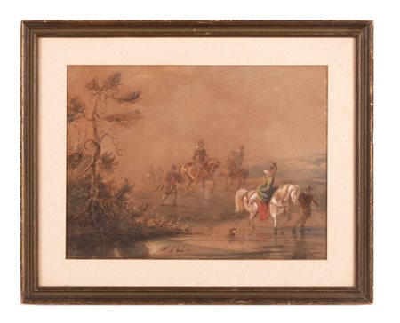 Lintz, Ferdinand Ernst (Den Haag, 1833 - Den Haag, 1909) 
Scena di caccia 
Tecnica mista su carta cm 24x33