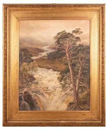 Weedon, Augustus Walford (1838 - 1908) 
Paesaggio con cascata 
Acquerello su carta applicato su tavola cm 84x66