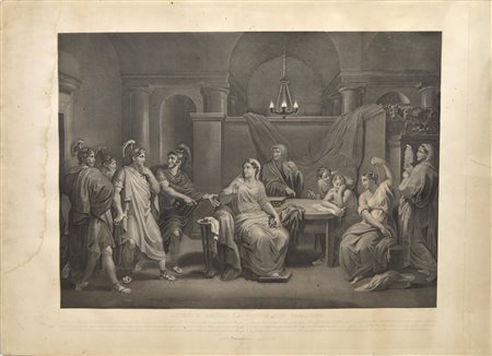 Scuola del XIX secolo LUCREZIA RICEVE LA VISITA DEI TARQUINI litografia, cm...