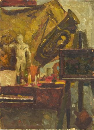 Giovanni Borgonovo (1881 - 1975) L'ATELIER olio su cartone, cm 31x22,5 sul...