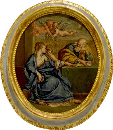 Scuola del XVIII secolo SACRA FAMIGLIA olio su cartone ovale, cm 34x28,5