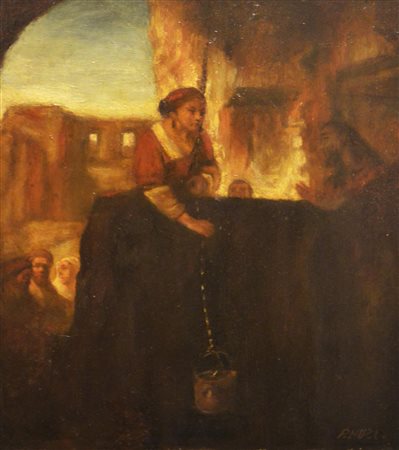 Paul Huet (1803 - 1869) REBECCA AL POZZO olio su tavola, cm 44x38 firma