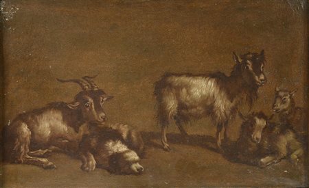 Maniera di Francesco Londonio CAPRETTE CON CANE olio su carta intelaiata, cm...