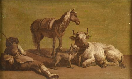 Maniera di Francesco Londonio VIANDANTE CON ANIMALI olio su carta intelaiata,...