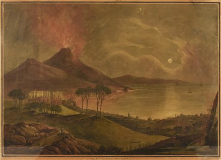 Scuola inglese del XIX secolo BAY OF NAPLES MOONLIGHT acquerello su...