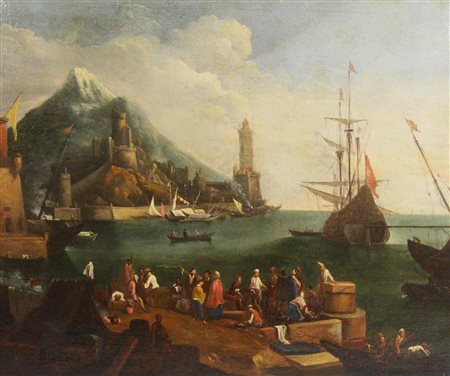 Maniera di Gherardo Poli (1674 - 1739) SCENA DI PORTO olio su tela, cm 56x66