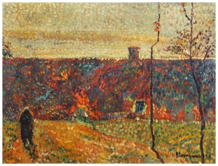 FLORIO LOMBARDI Casa colonica con figura, 1970 Olio su cartone telato 16 x...