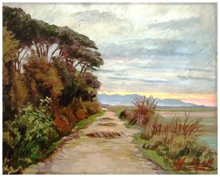 ALFREDO CONTI Marina di Pisa 1890 - Pisa 1960 Stradina a San Rossore Olio su...