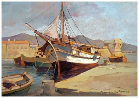 CLAUDIO DA FIRENZE (Claudio Domenici) Firenze 1943 Tartana all’ormeggio Olio...