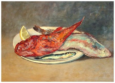 GIO BATTA LEPORI Livorno 1911 - Livorno 2002 Natura morta (pesci), 1948 Olio...