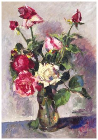 CORRADO MICHELOZZI Livorno 1883 - Livorno 1965 Rose Olio su tavola 50 x 35....