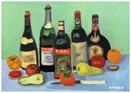 GIOVANNI MARCH Tunisi 1894 - Livorno 1974 5 bottiglie e frutta, 1973 Olio su...