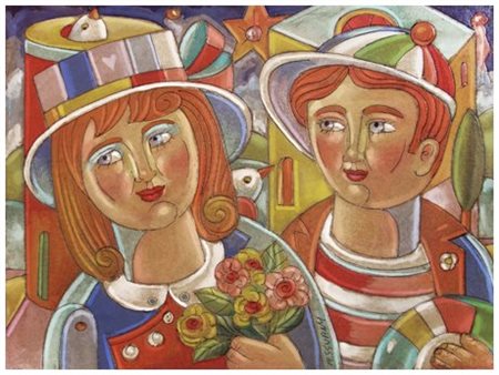 ROBERTO SGUANCI Firenze 1948 Coppia e paesaggio Olio su cartone inciso a...