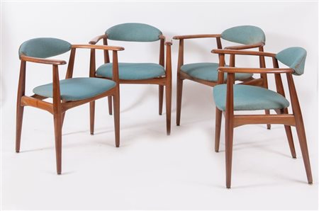 Quattro sedie con seduta e schienale in tessuto imbottito e struttura in...