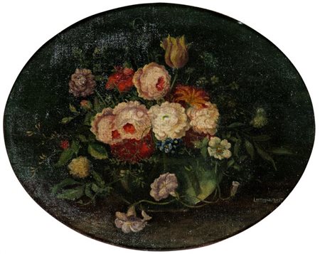 PITTORE ANONIMO DELL'800 "Vaso di fiori" 49x39 (ovale) olio su tela applicata...