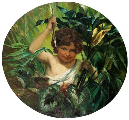 PITTORE ANONIMO DELL'800 "Cupido tra le fronde" Diam. cm 82 olio su tela