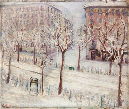 AUTORE NON IDENTIFICATO "Inverno in città" 50x60 olio su cartoncino Opera...