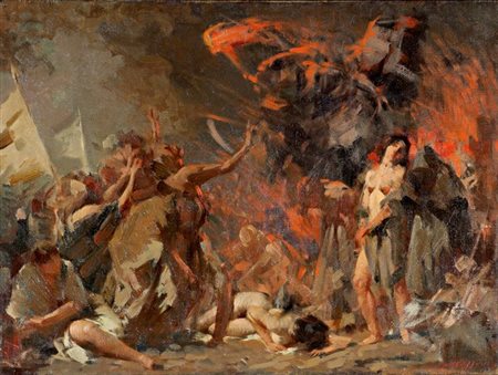 MAZZONIS OTTAVIO Torino 1921 "Giorno tragico" 1960 40x50 olio su tela Opera...