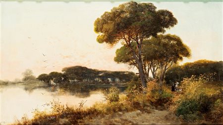 MARKO' HENRI "Paesaggio lacustre con figure" 28x47,5 olio su tela Opera...