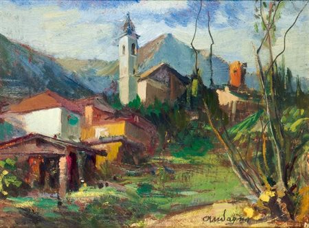 AUDAGNA VIRGILIO Torino 1903 - 1995 "Borgo alpino" 18x24 olio su cartoncino...