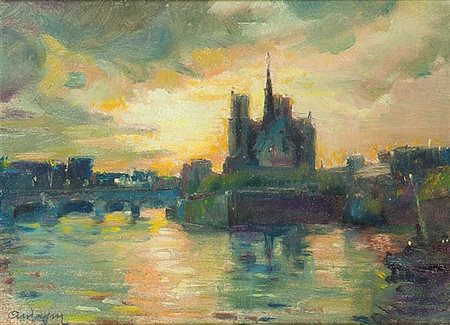 AUDAGNA VIRGILIO Torino 1903 - 1995 "Tramonto sulla Senna" 1974 15x20 olio su...