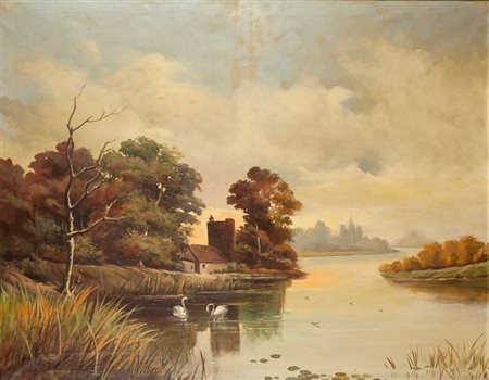 PITTORE ANONIMO ITALIANO DEL PRIMO '900 "Paesaggio lacustre" 91x118 olio su tela
