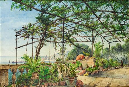 CARELLI GABRIELE 1820-1900 "Terrazza sul mare" 34x51 acquerello su carta...