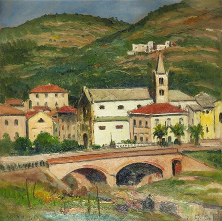 COLMO GIOVANNI Torino 1867 - 1947 "Paese" 8/VI/1940 32x32 olio su cartoncino...