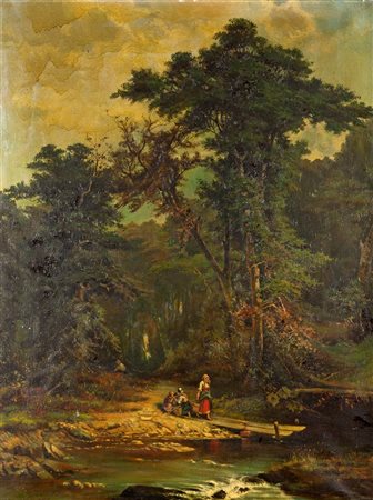 PITTORE ANONIMO DELL'800 "Paesaggio con figure" 100x75 olio su tela