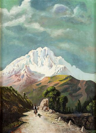 AUTORE NON IDENTIFICATO "Strada di montagna" 44x32 olio su tela Opera firmata...