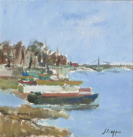 STROPPA LEONARDO Torino 1900 - 1991 "Barche sul fiume" 20x20 olio su tela...