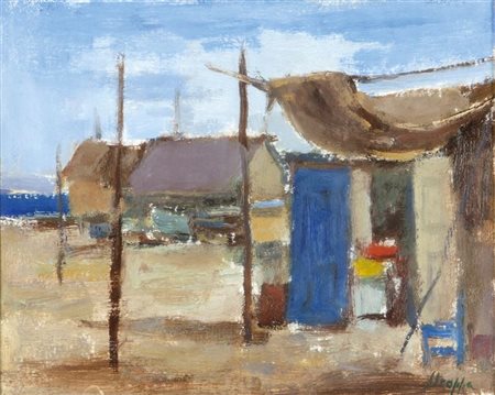 STROPPA LEONARDO Torino 1900 - 1991 "Capanni sulla spiaggia" 20x25 olio su...