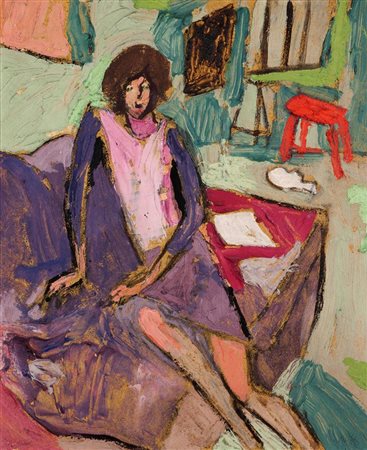 CHICCO RICCARDO Torino 1910 - 1973 "Interno con figura" anni '70 60x50 olio...