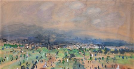 CHICCO RICCARDO Torino 1910 - 1973 "Veduta di Parigi" 51x96 tecnica mista su...